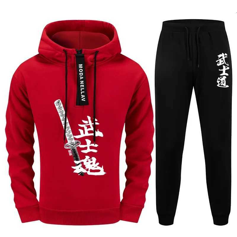 2025 New Mens Half Zip Tracksuit Urban Streetwear Set Hoodie with Sweatpants Autumn Winter Casual Sportswear Japan Bushido Print W251110