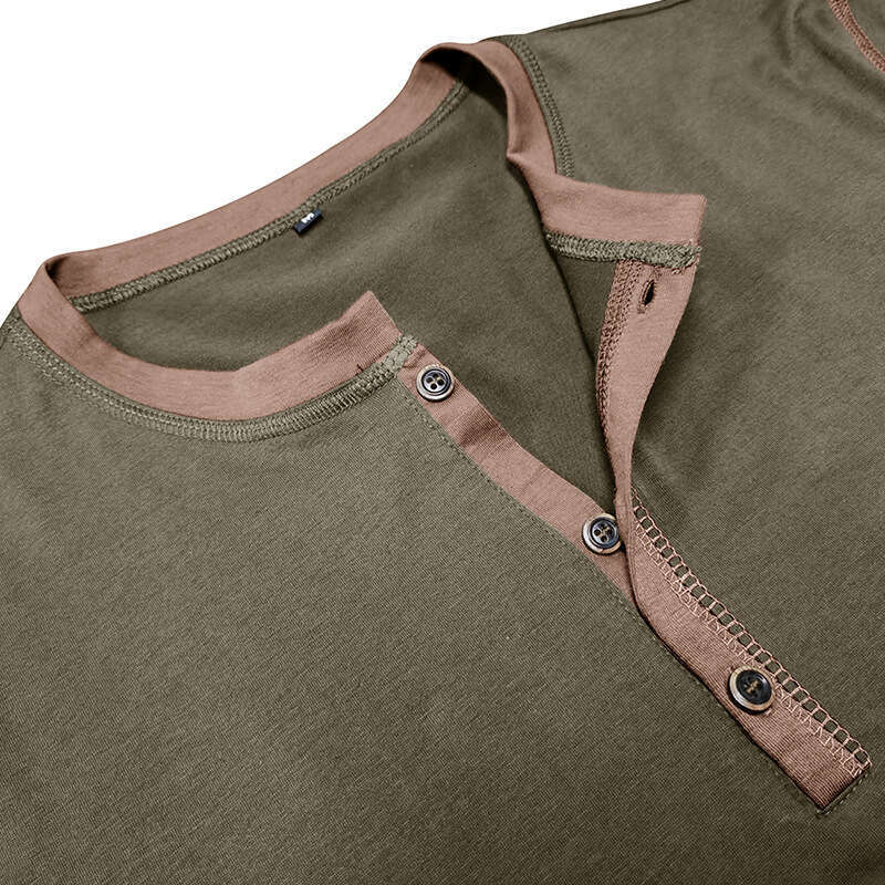 Summer European and American Short Sleeve Henley Shirt Men's Round Neck Color blocked T-shirt 2025 New Casual Versatile Fashion Clothing