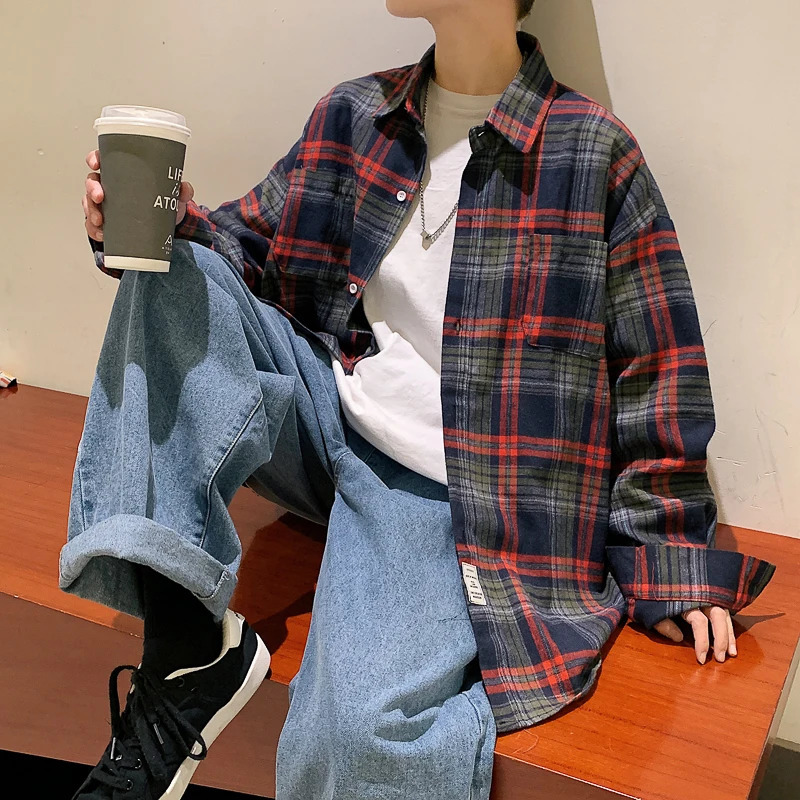 Harajuku Long Sleeve Plaid Shirts Men Big Size M-5XL Autumn Chic Loose Vintage High Street All-match Gentleman Camisa 250408