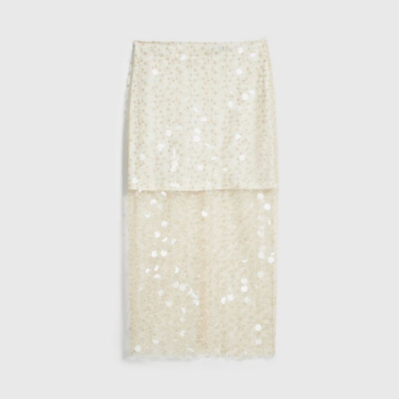 Women's Beige Sequin Straight Midi Skirt, Back Slit Zip Closure Party Skirt