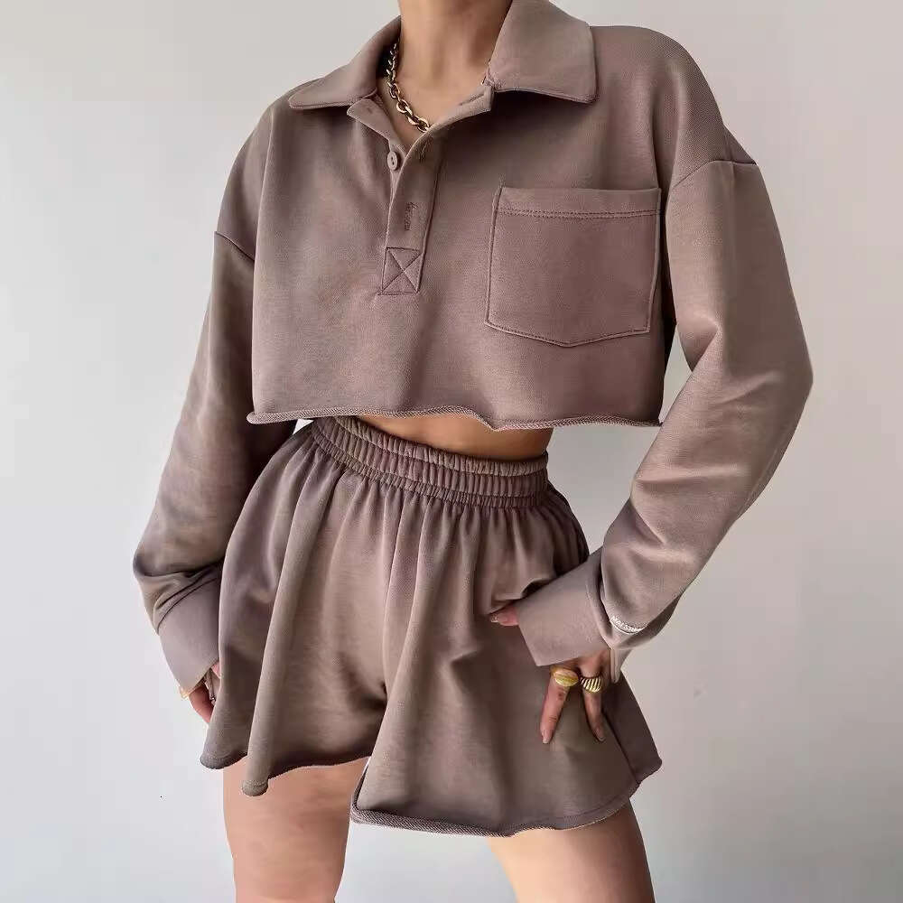 2024 European and American new solid color long sleeved short casual cardigan top drawstring shorts set