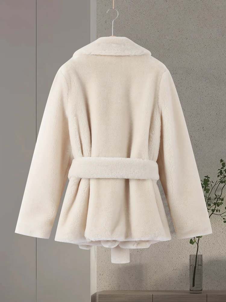 Warm Womens White Lace Up Faux Fur Coats Loose Lapel Long Sleeve Pocket Furry Overcoats Autumn Winter Lady Thick Outwear 251110