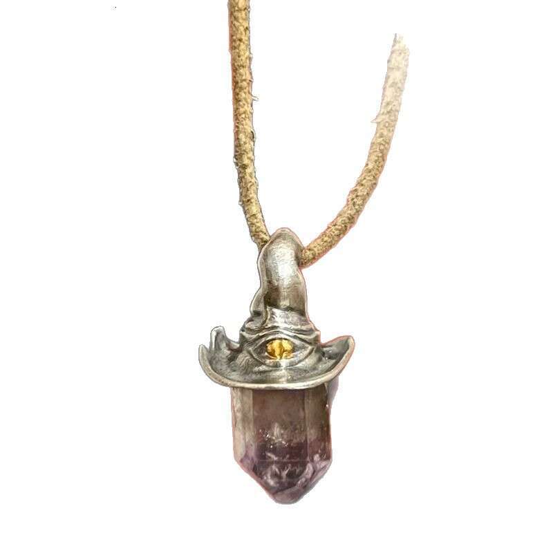 Cross-Border Yuji Retro Style Natural Amethyst Hexagonal Pillar Witch Hat Unique and Simple Niche Pendant