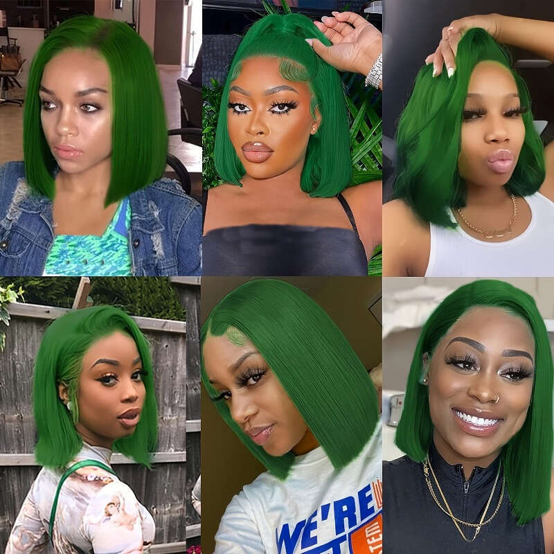 Colored 13X4 180% Density Dark Green Bob Wig Straight Lace Front Human Hair Wigs For Women
