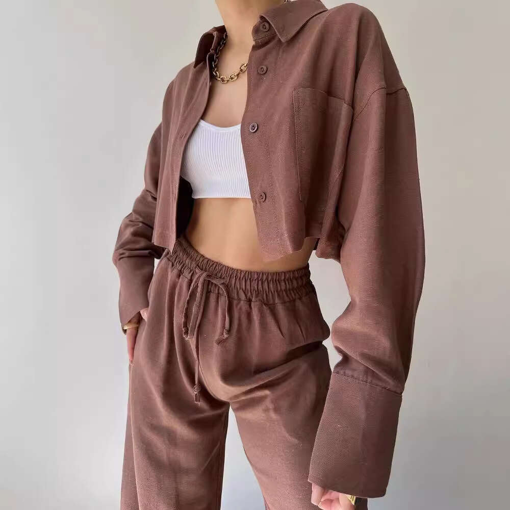 2024 European and American New Solid Color Long Sleeve Short Casual Shirt Drawstring Pants Set