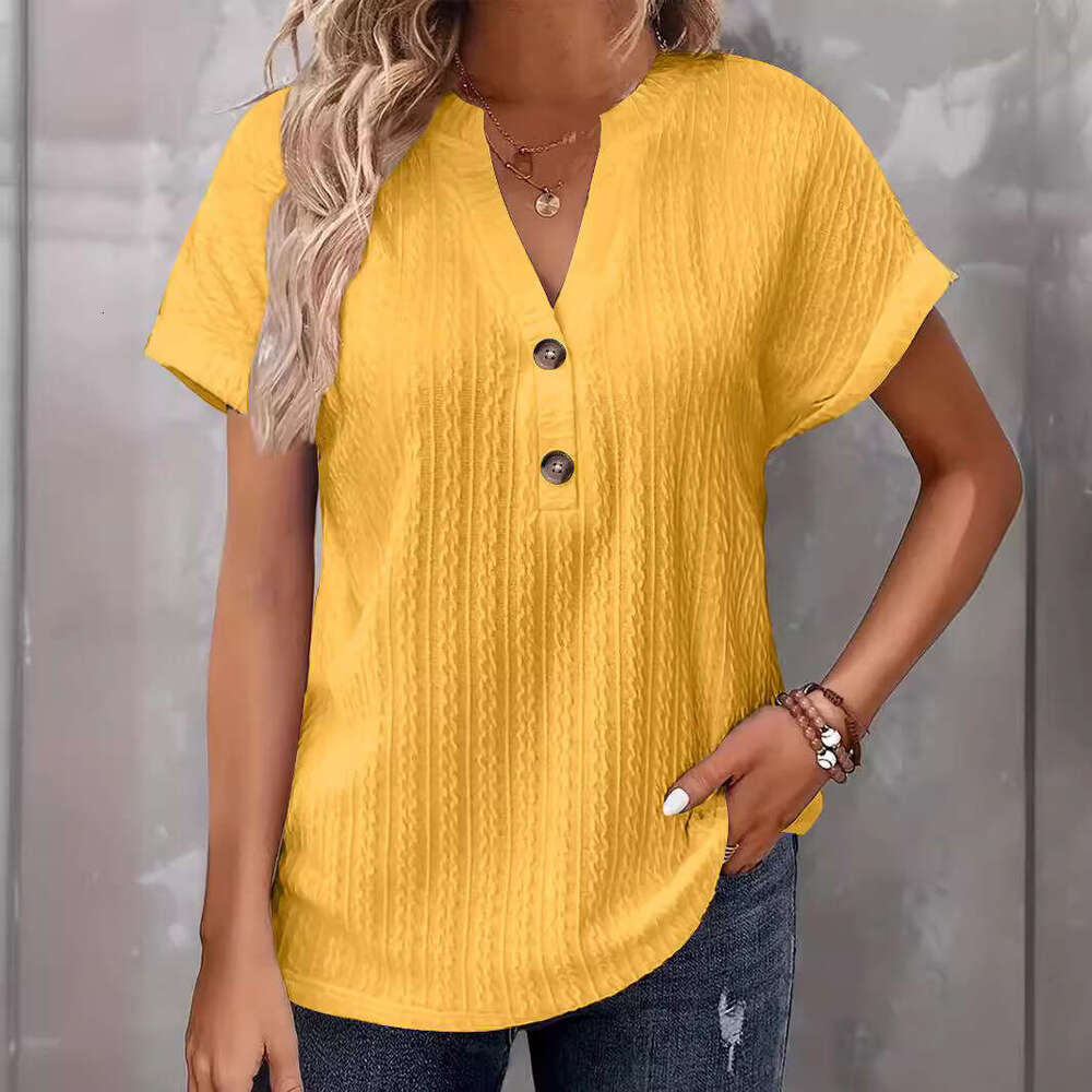 2024 Spring Summer European and American Cross-Border Amazon Independent Station New Women's Fashion Casual Solid Color Button V-Neck T-Shirt for