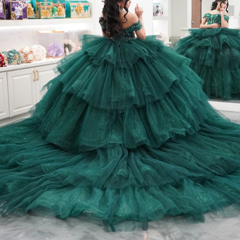 Blackish Green Shiny Princess Quinceanera Dresses Off Shoulder Beads Applique Tull Sweet 16 Dress Ball Gown Vestidos 15 Anos