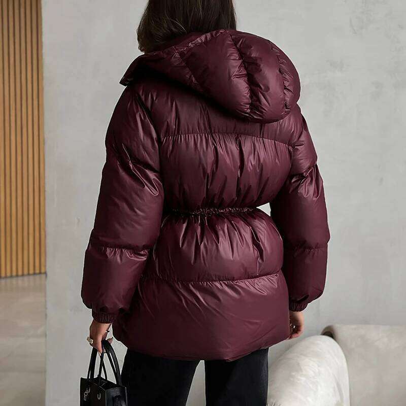 Drawstring Cotton Padded Parka Jackets For Women Hooded Collar Folds Zip-Up Fashion Solid Autumn Winter Warm Outerwear