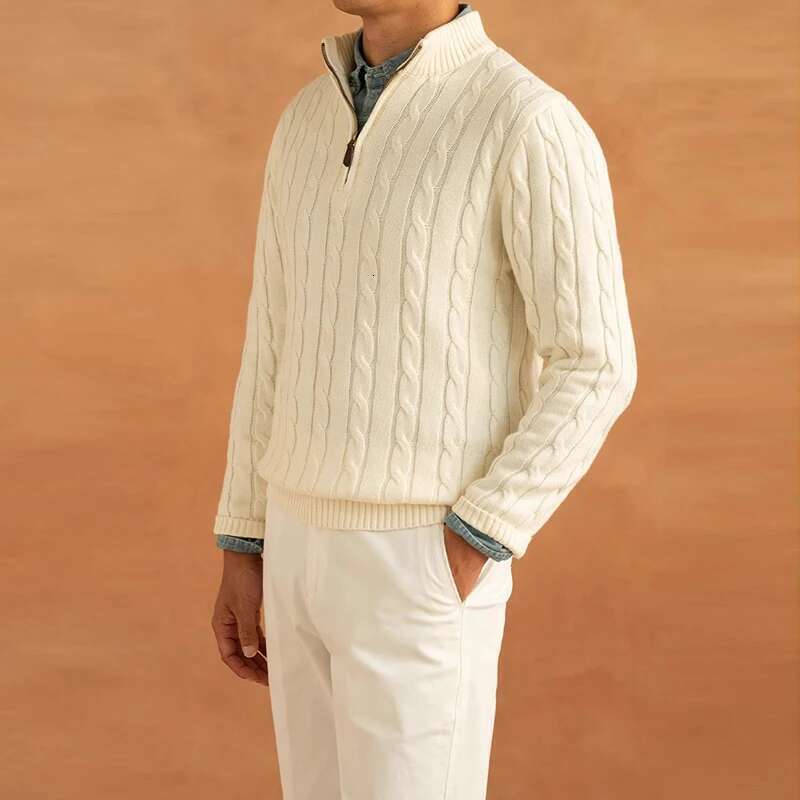 Men's Light Turtleneck Jacquard Knit Zipper Pullover Leisure Vintage Solid Color Long Sleeve Sweater Korean Style Clothes