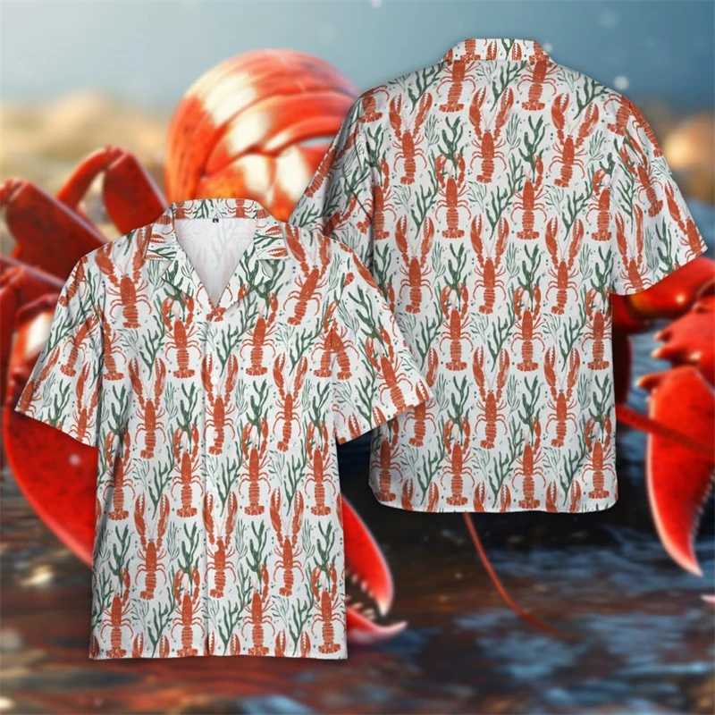 Lobster King 3D printed mens shirt Harajuku fashion mens beach shirt seafood short sleeved crayfish lapel shirt top X250410