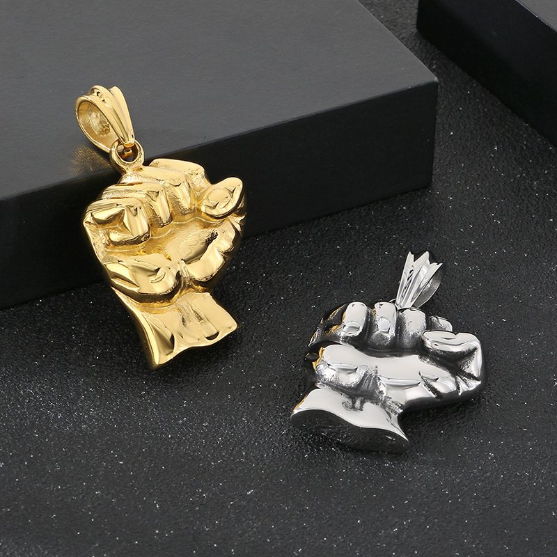 Retro Fitness Fist Pendant Necklace Stainless Steel Gold Plated Mens SportsJewelry