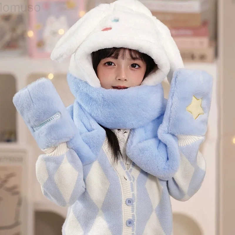 Sanrio Cute Kuromi Anime Childrencinnamorol Winter Windproof Hat Scarf Three Piece Set Cartoon Girl Comfortable Plush Warm Scarf H251110