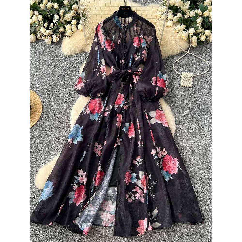 SINGREINY French Style Court Floral Maxi Lantern Sleeve Belt Slim High Quality 2025 Autumn Fashion Luxury Party Dresses