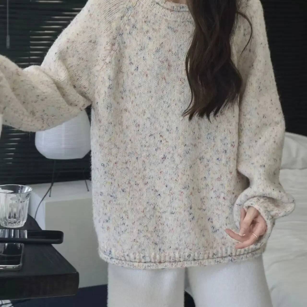 Color Retro Knitted Sweater Curled Edge 2025 Autumn/Winter New Top Lazy Loose Round Neck dongdumaoyi