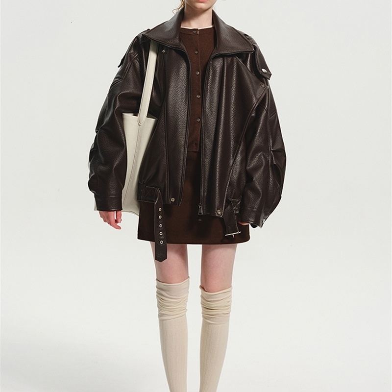 Lautaro Spring Autumn Cool Brown Oversized Pu Leather Jacket Women Long Sleeve Zip Up Luxury Designer American Retro Clothing 251105