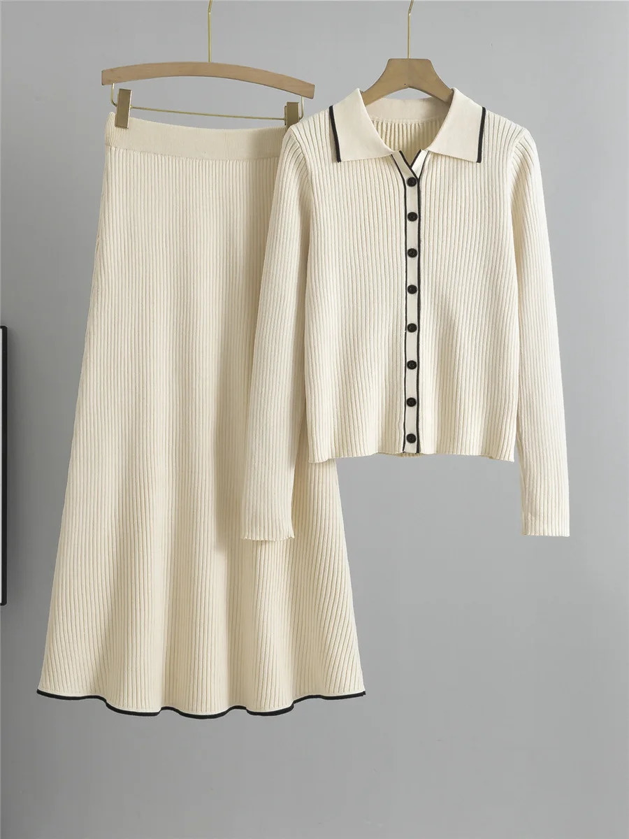 Korean n Knitted 2 Piece Sets Women Single Breasted Knit Sweater Cardigan Tops Conjuntos High Waist Solid Skirts Outfit 251110