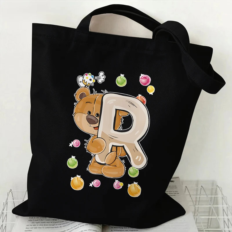 Cute Bear AZ 26 Letter Print Canvas Shoulder Tote Bag Large Capacity Reusable Handbags Supermarket Shopping for Women 251110