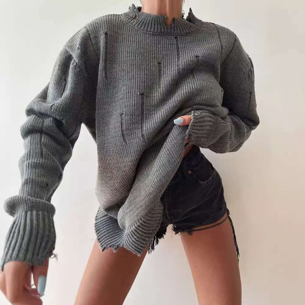 2024 European and American early autumn new loose fitting pullover top women's hand worn round neck sweater