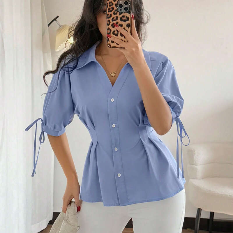 Cross-Border INS Foreign Trade European and American Solid Color Half Sleeve Drawstring 2025 Independent Station Elegant Waist-Cinching Cardigan Shirt