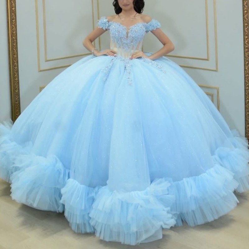 Sky Blue Shiny Quinceanera Dresses Off Shoulder Ball Gown Sweet 16 Dress Beading Glower Tiered Tull Birthday Party Vestidos 15 De Anos