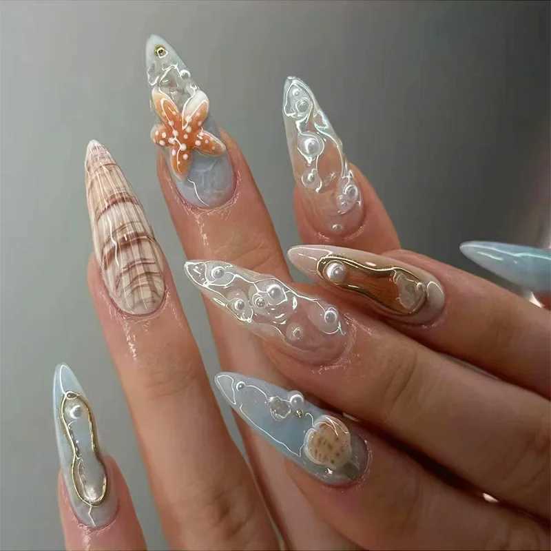 24pcs Simple Lightweight Orange Acrylic Nail Pearl Almond Fake Nail Press on Phnom Penh Glue to Nail with Design Nail Art W250410