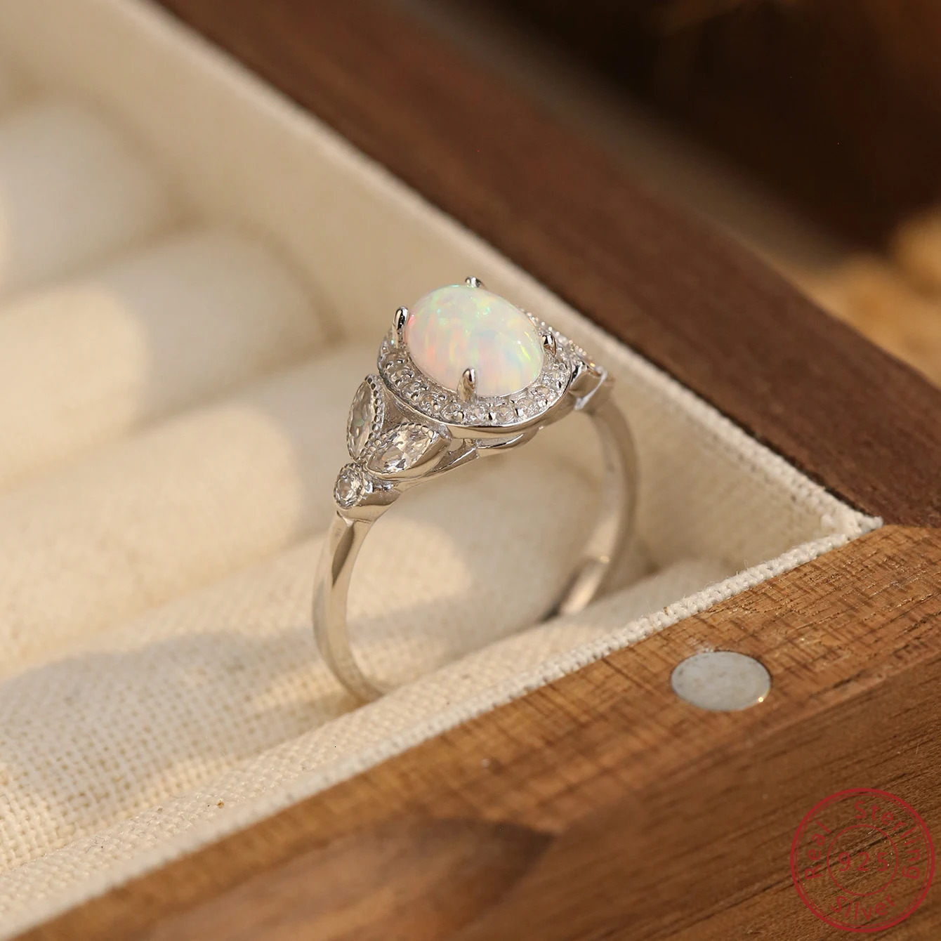 925 sterling silver womens ring with sparkling white opal and zircon elegant style suitable for engagement or couple dates 250407
