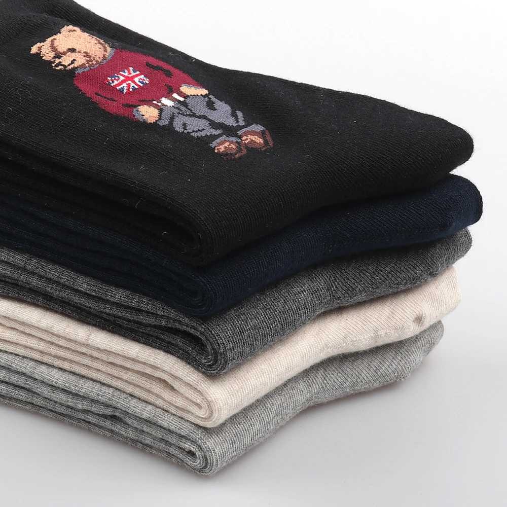 5 pairs of bear mens socks cotton cartoon gentleman Harajuku skateboarding spring and summer warm novel breathable socks Christmas gift X250410