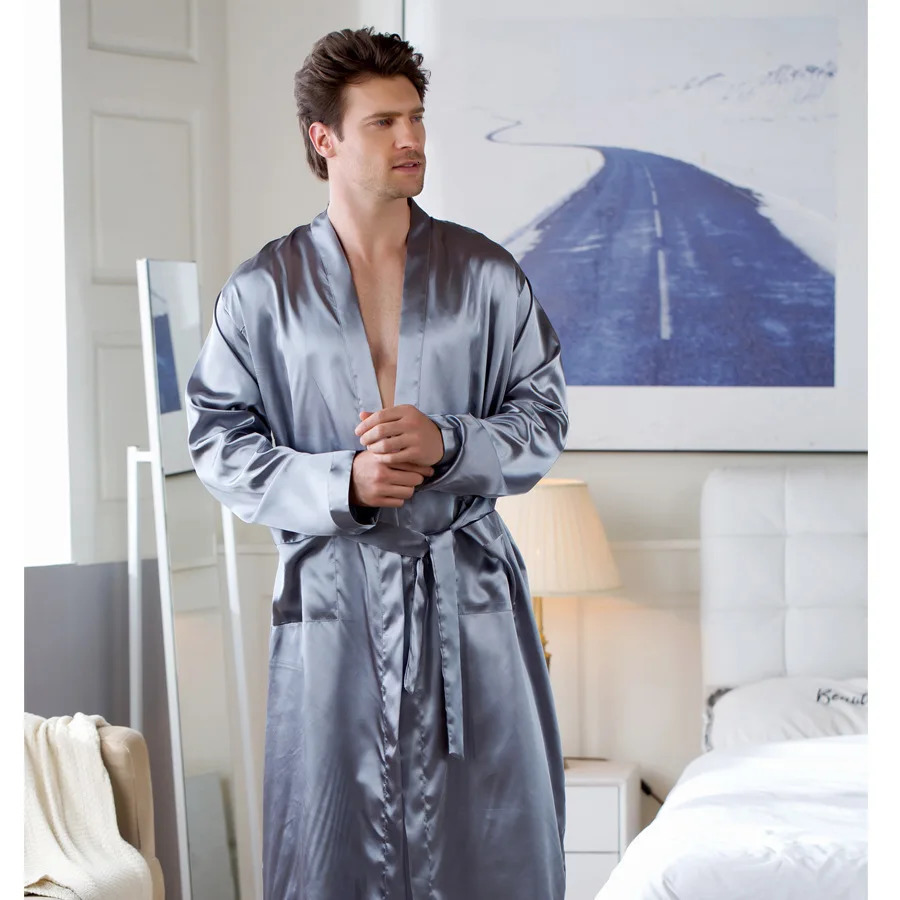 Plus Size Male Sleepwear Kimono Bath Robe Gown Gray Long Sleeve V-Neck Nightwear with Belt Pocket Spring Summer Men Home Clothes 250409