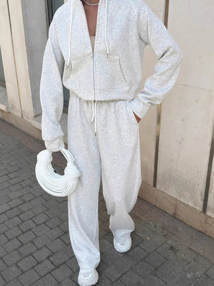 Womens Solid Zipper Hooded Long Sleeves Top Sets Casual Straight Wide Leg Pants Suit Autumn Office Commute Outfit 251110