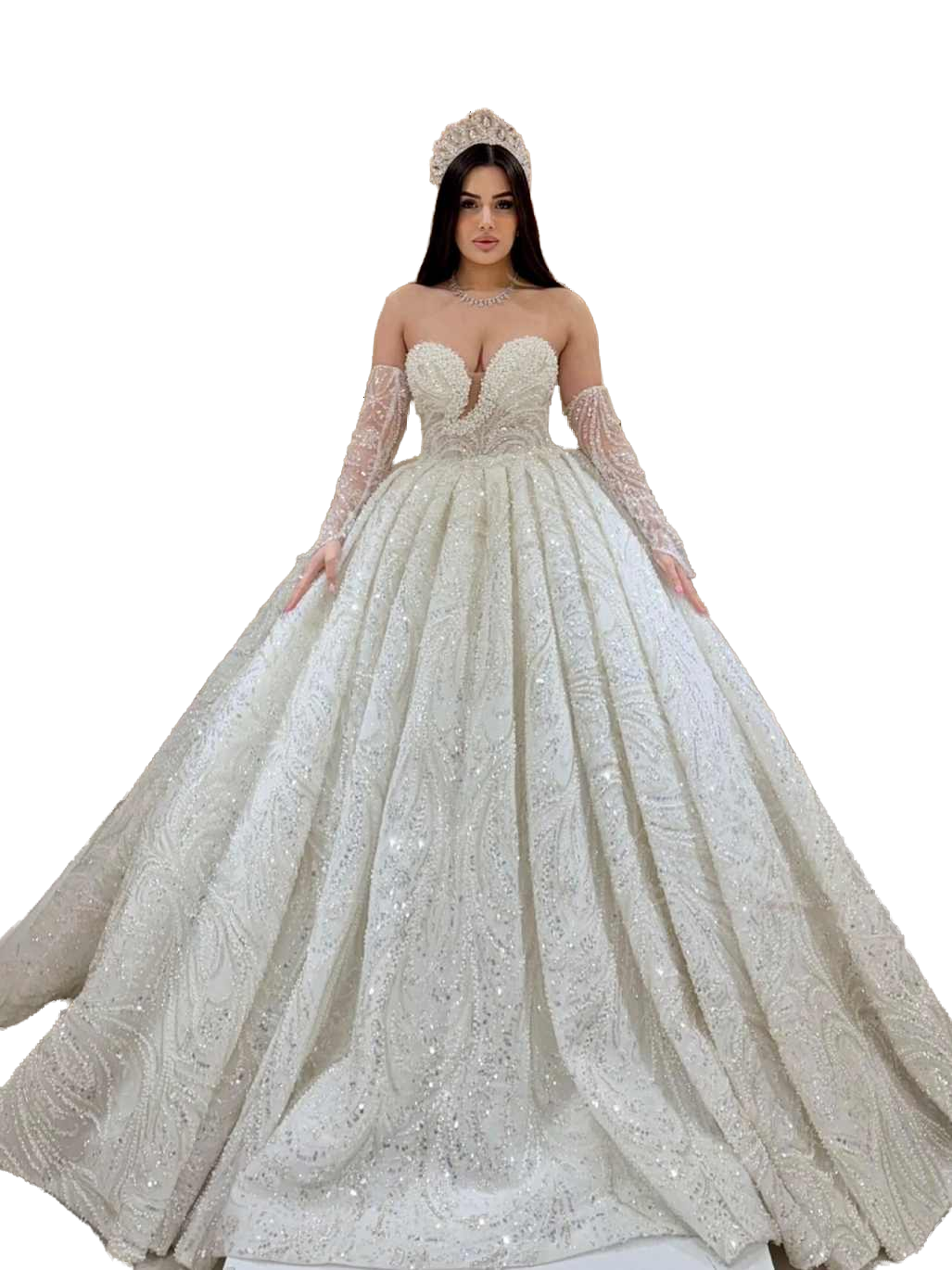 Customized Wedding Dresses Sleeveless Sweetheart Ball Gown Lace Beading Crystal Sweep Train Bridal Gowns Vestidos De Novia