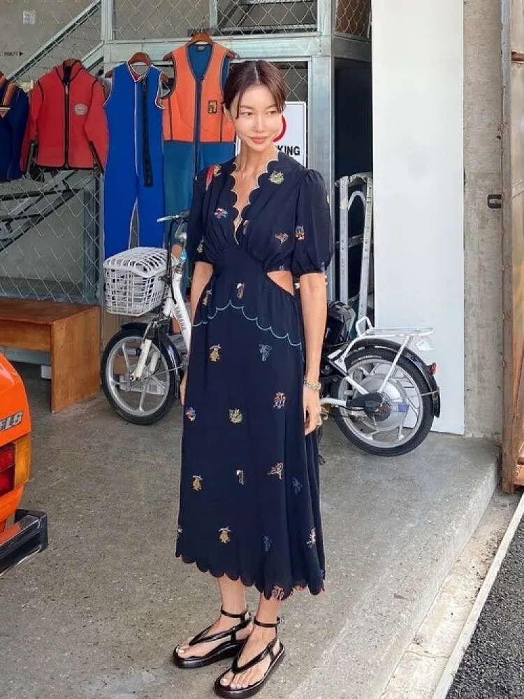 Women's Summer Vintage Long Embroidery Wer Chiffon Dress Hollow Out Waist Curvy V Neck Midi Sundress Korea Style