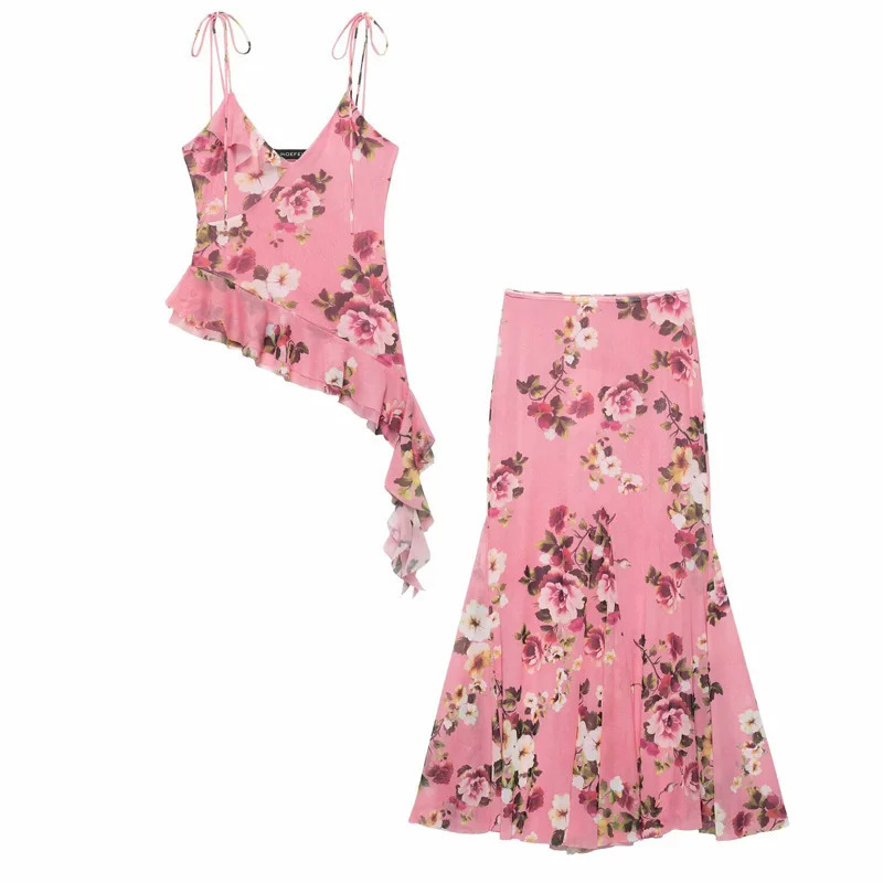 TRAF chiffon printed bodysuit set womens twopiece asymmetrical lace up sliding top 2piece clothing grid floral 250410