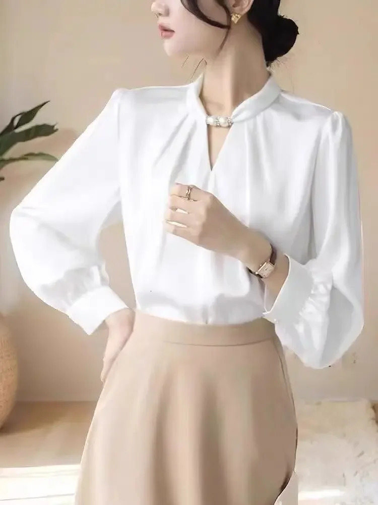 Womens Elegant Shirt Satin White Stand up Collar Beaded Shirt Pullover Korean Fashion Tempering Office Womens Shirt 250409