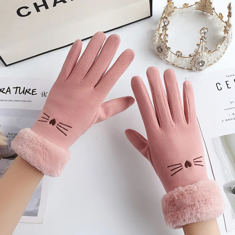 Winter Female Cashmere Warm Suede Leather Cycling Mittens Double Thick Velvet Plush Wrist Women Touch Screen Driving Gloves 251106
