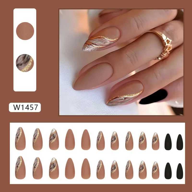 24 fake nails from Brown Lake with jelly stickers pressed on top of the fake nails wearable round headed oval shaped fully covered nail tips W250410