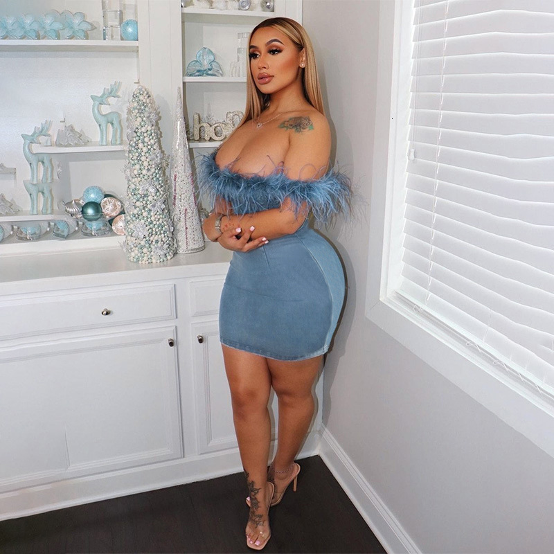 Sexy Spicy Girl Sleeveless Bra Panel Dress Women's Fashion Trendy denim plush shoulder bag buttocks skirt