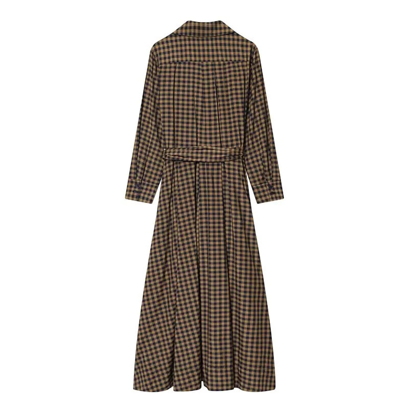 Women Fashion Plaid Shirt Collar Dress Long Dresses With Belt Chic Sleeve Casual Autumn 251110