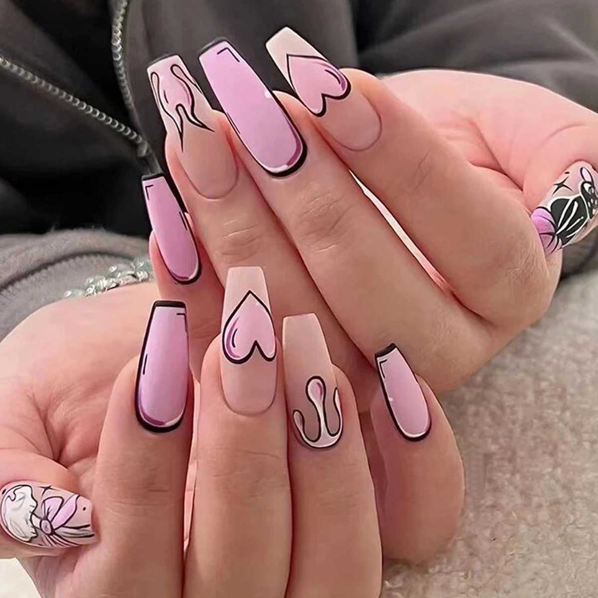 24Pc/set long ballet pink French heart-shaped cat cartoon pattern printing full coverage wearable fake nail press W250410