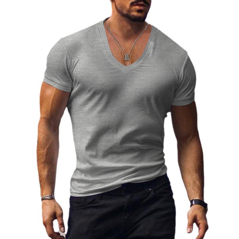 Mens summer mens V-neck solid color slim fit casual short sleeved top