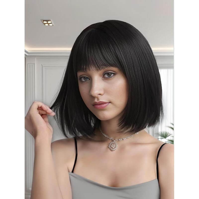 12 Inch Natural black Short Bob With Bangs Light Yaki Straight Blunt Cut Glueless Realistic Look Daily Costume Wig For Women Synthetic Heat Resistant 