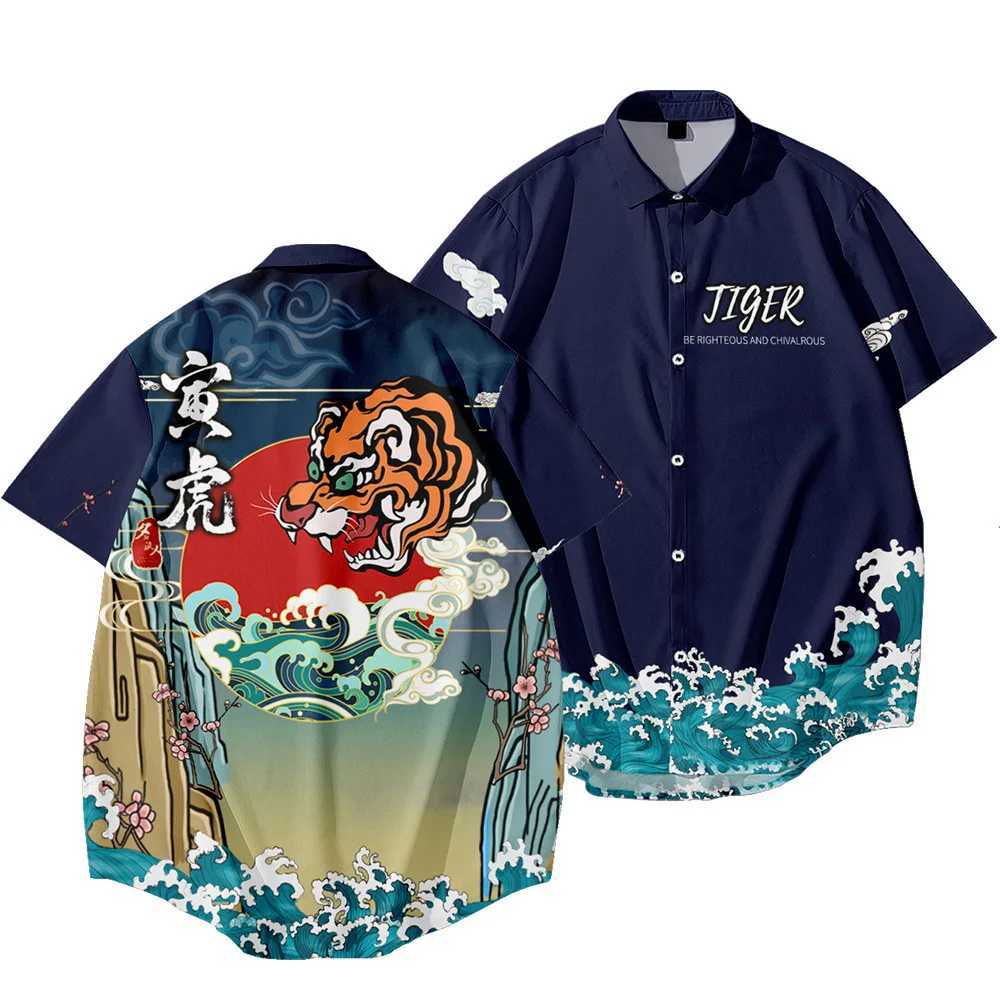 2024 HAWaiian Shirt Mens Harajuku Black Dragon Tiger Printed Ethnic Fashion super Large Ropa Hombre Camisa Corta X250410
