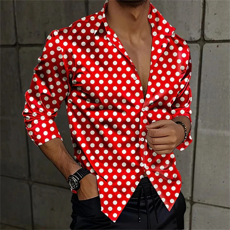 Fashion Mens Elegant Shirt Spotted 3D Printed Lapel Button Up Classic Long Sleeve Shirt Temperament Mens Partywear 250408