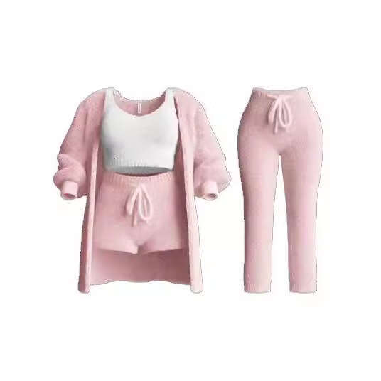 2025 Autumn Winter New Cross-Border Amazon Knitted Plush Long Sleeve Jacket Vest Shorts Four-Piece + Three-Piece Set