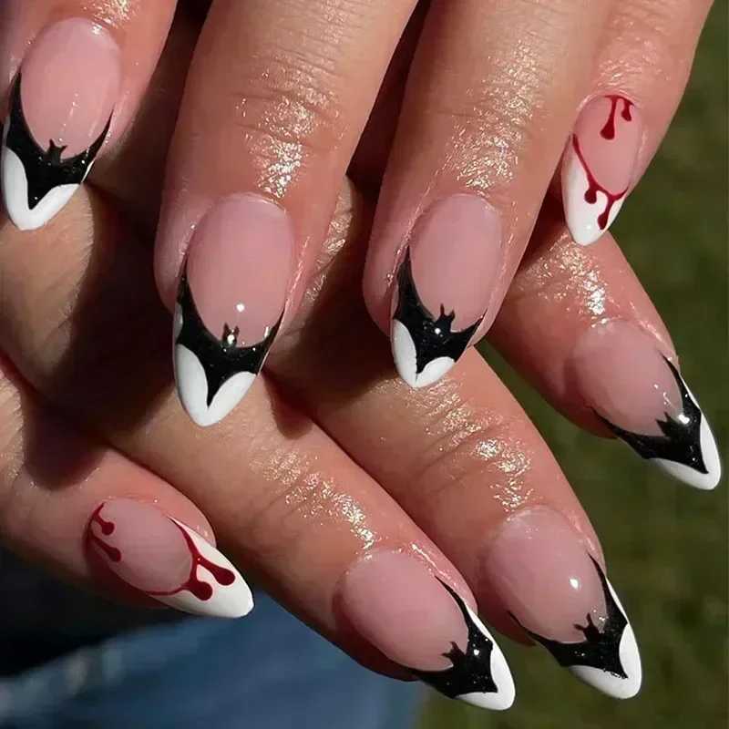 24Pc Halloween Fake Nails with Almond Head Design Cute Clown Fake Nails French Full Set Handmade Press Girl Nail Tips W250410