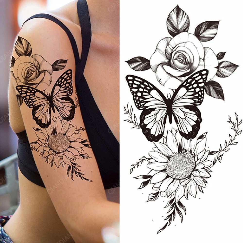 Big Rose Waterproof Temporary Tattoo Flower Butterfly Bird Hipster Fashion Woman Fake Body Arm Sticker Man Tatoo Art Leg Totem W250410