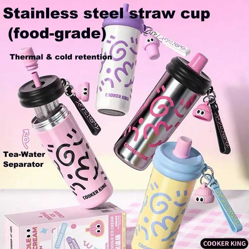 Fashionable cup 600ML Stainless Steel Straw Cup 2025 Trendy Insated Water Bottle for Wen Girls Kids Travel Thermos with Carry Y251110