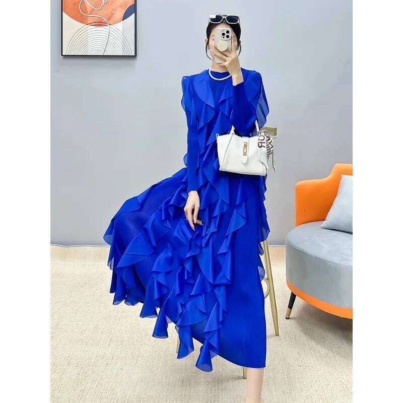 Miyake For Women's Fall 2024 New Design Sense Round Neck Solid Color Casual High End Pleated Long Dress