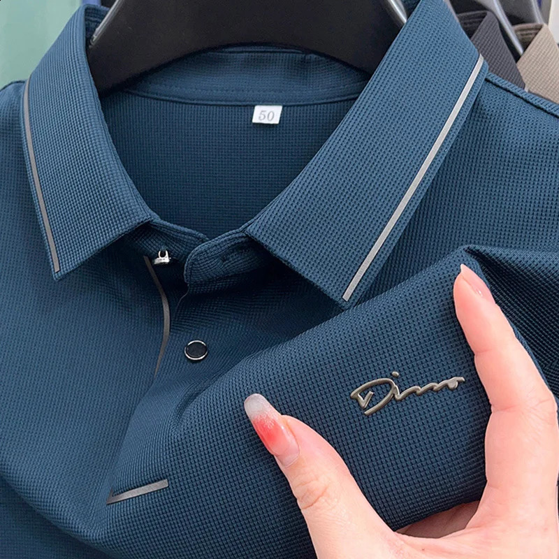 High end ice silk comfortable and breathable T-shirt Men short sleeve summer fashion letter embroidered casual polo shirt 250407