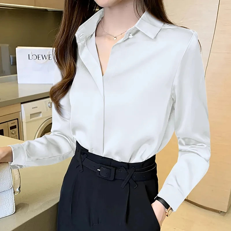 Satin womens retro long sleeved shirt womens silk elegant womens top decoration white shirt autumn womens clothing 250409