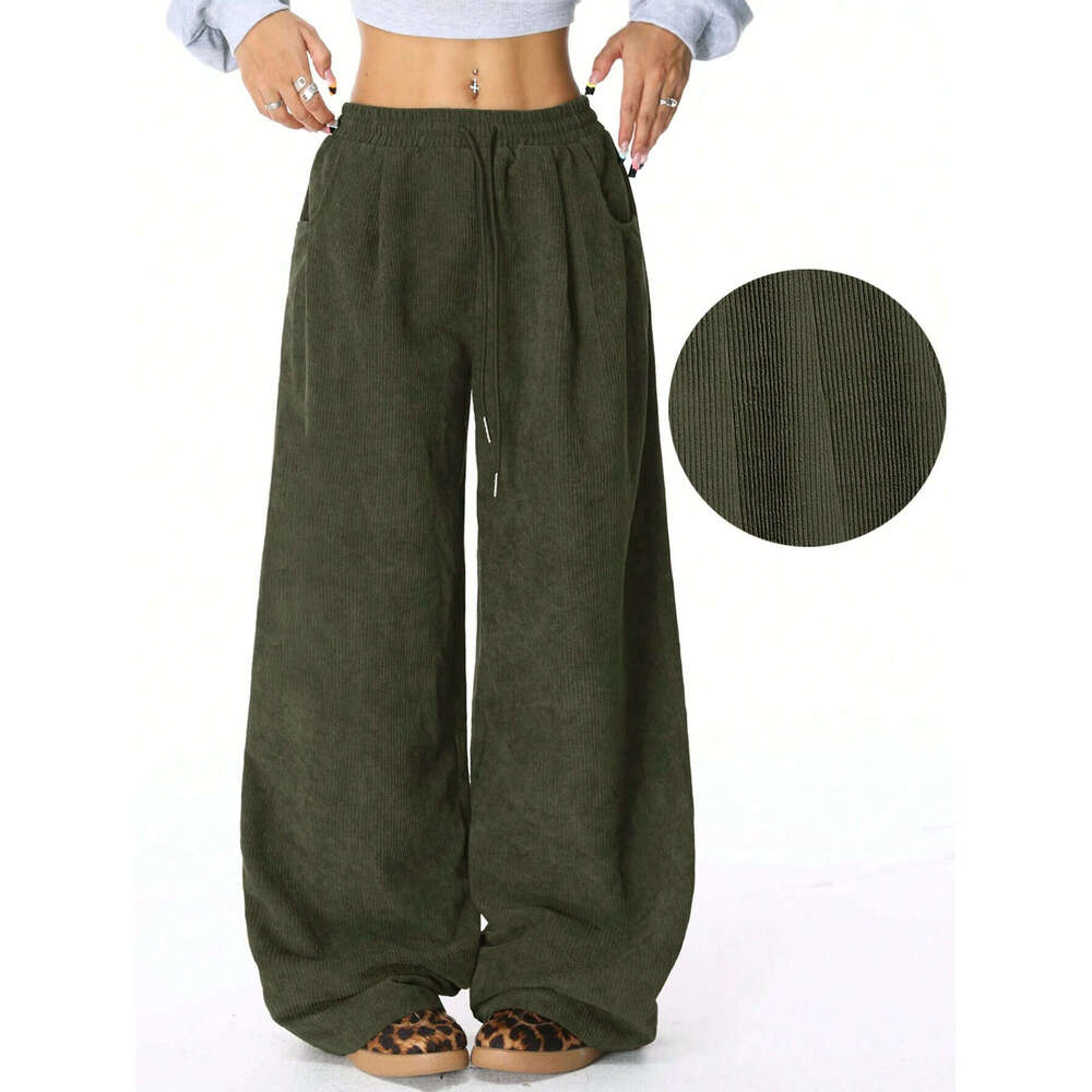 2025 Cross-Border European and American Amazon New Lazy Style High-Waisted Casual Versatile Draped Drawstring Wide-Leg Pants